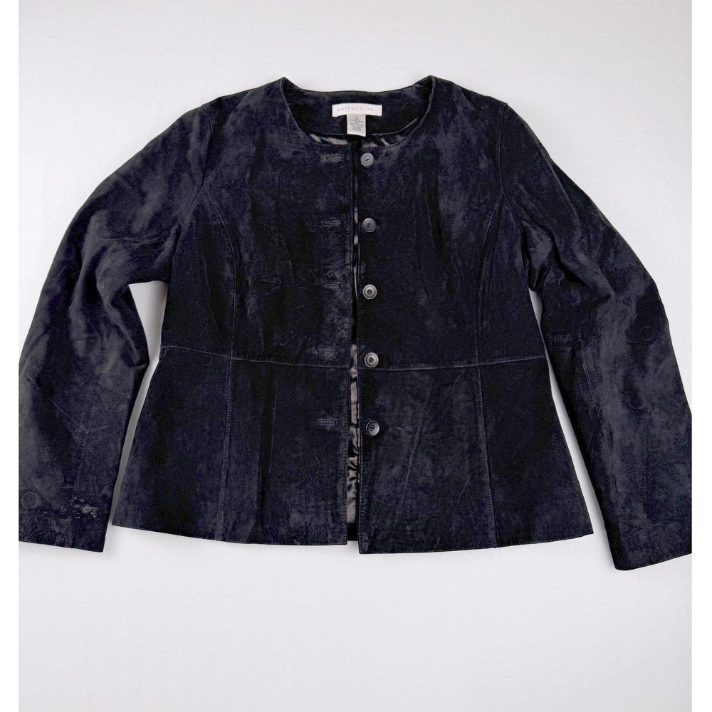 Persuits Ltd Womens Black Suede Leather Jacket Collarless Button Front Blazer 10